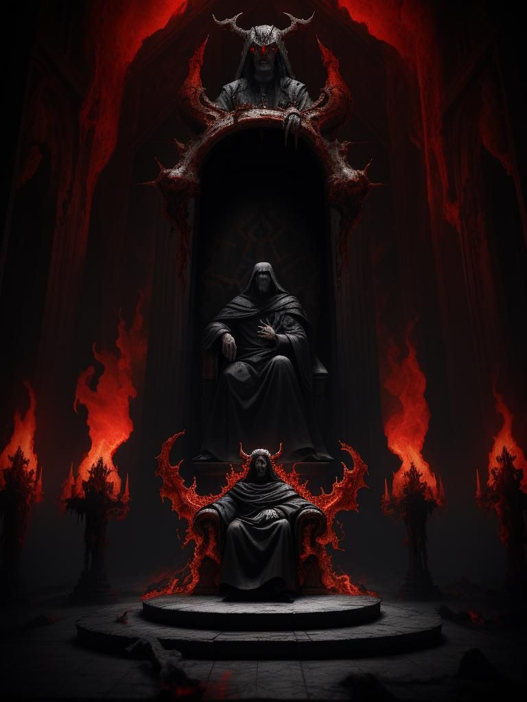 Jesus Satanichrist on Throne in Hell with Fiery Eyes