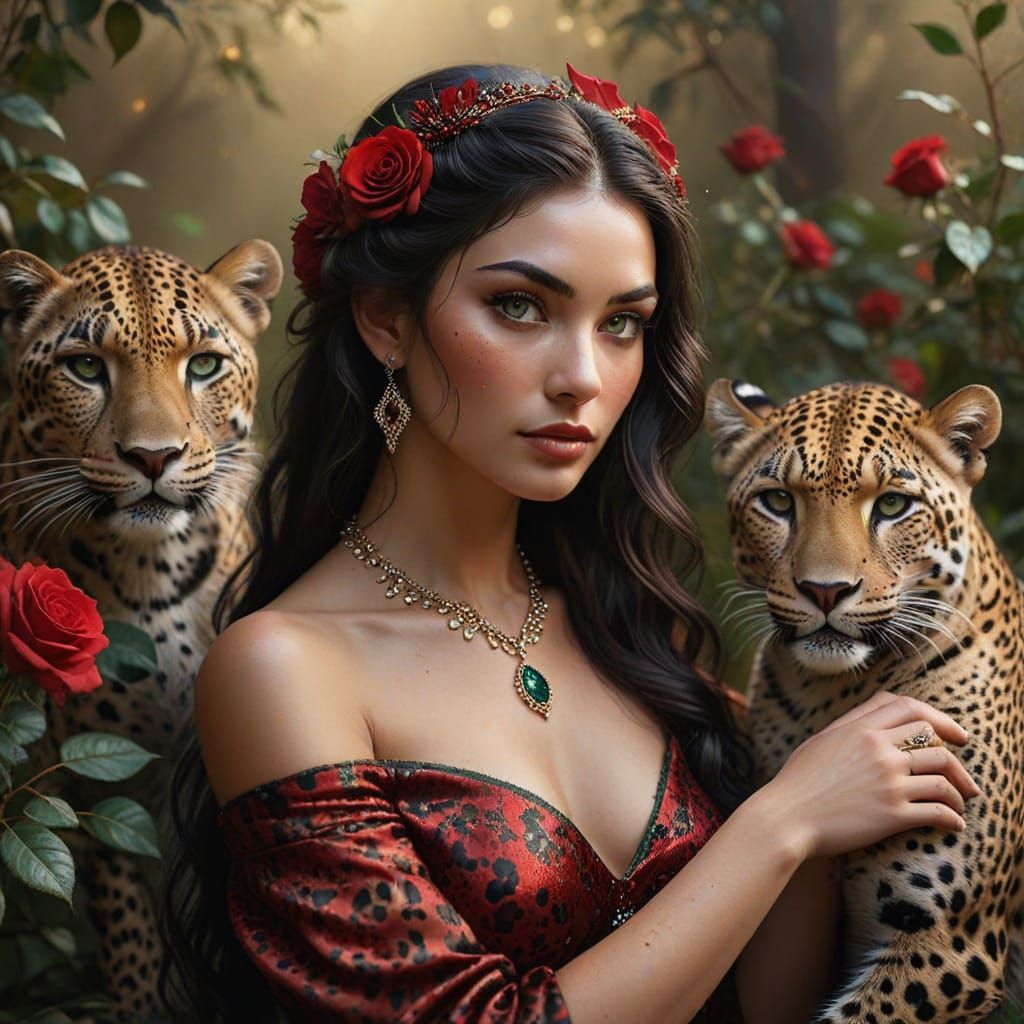 Hyperrealistic Portrait of a Woman with Leopard and Rose