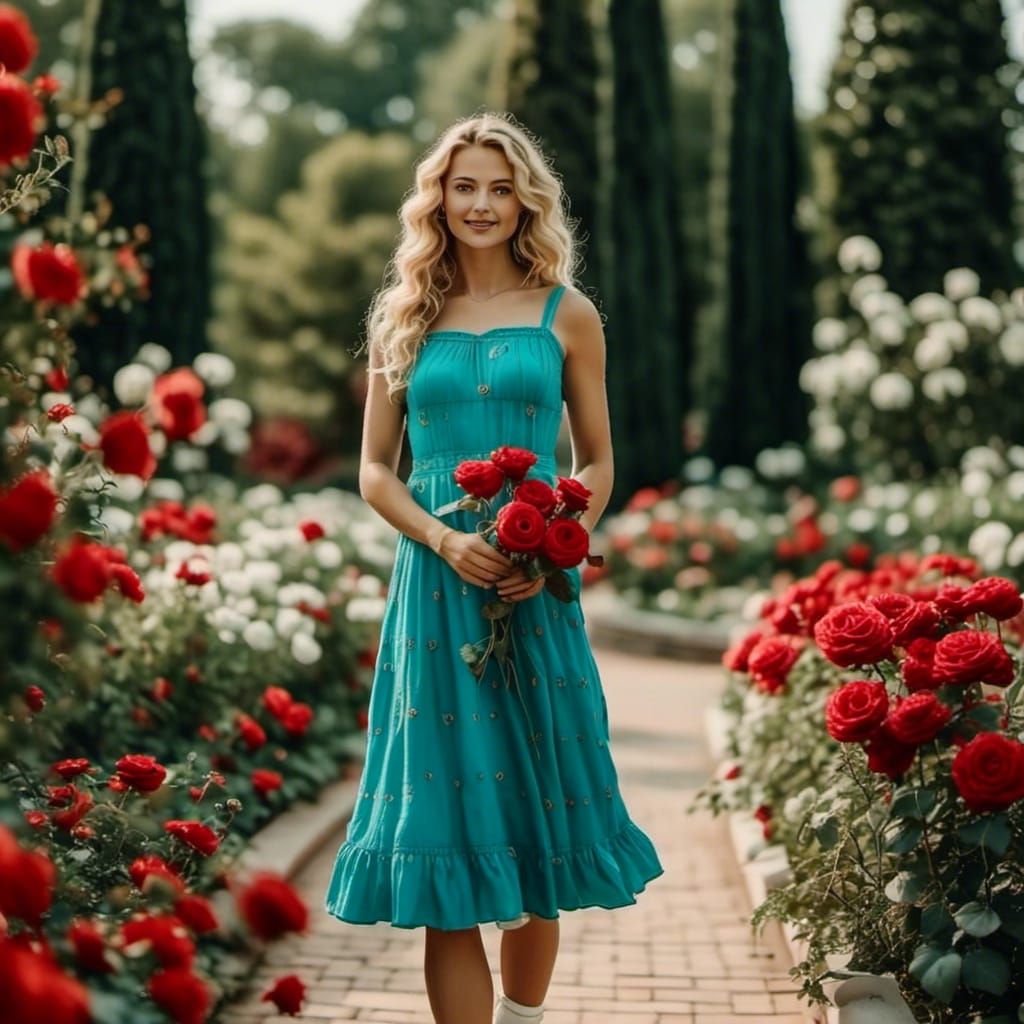 Woman in Turquoise Dress Near Red Roses, Professional Photo