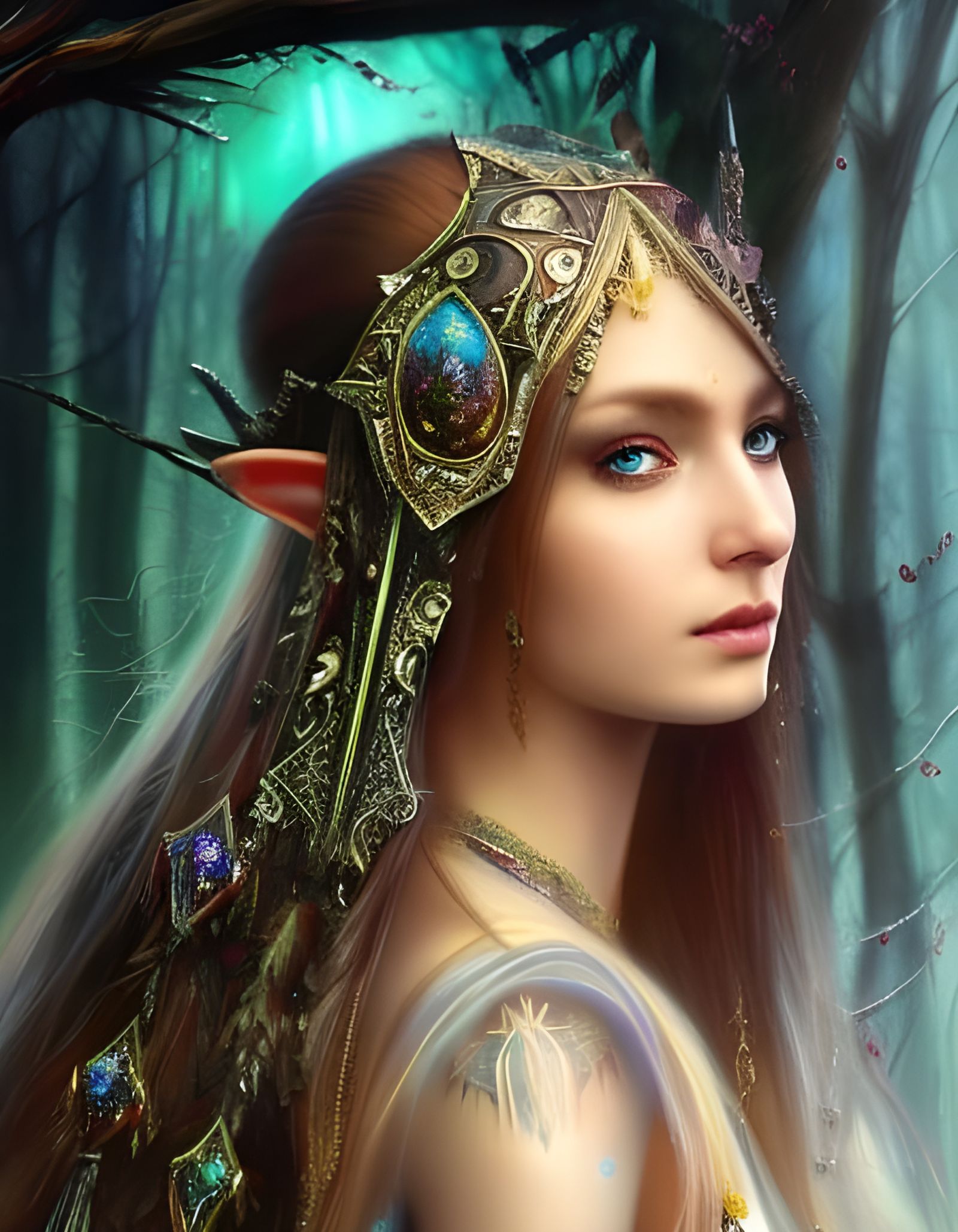 Beautiful Elf Priestess with Wildflowers in Watercolor Style