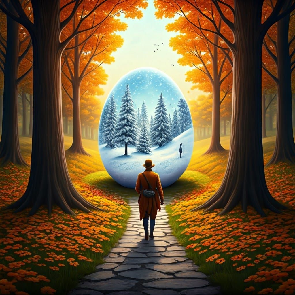 Autumn Man Enters Fantasy Winter Landscape