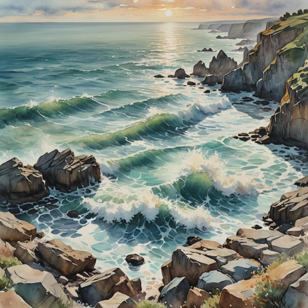 Soft Monet-Inspired Watercolor Seascape with Gentle Brushstr...