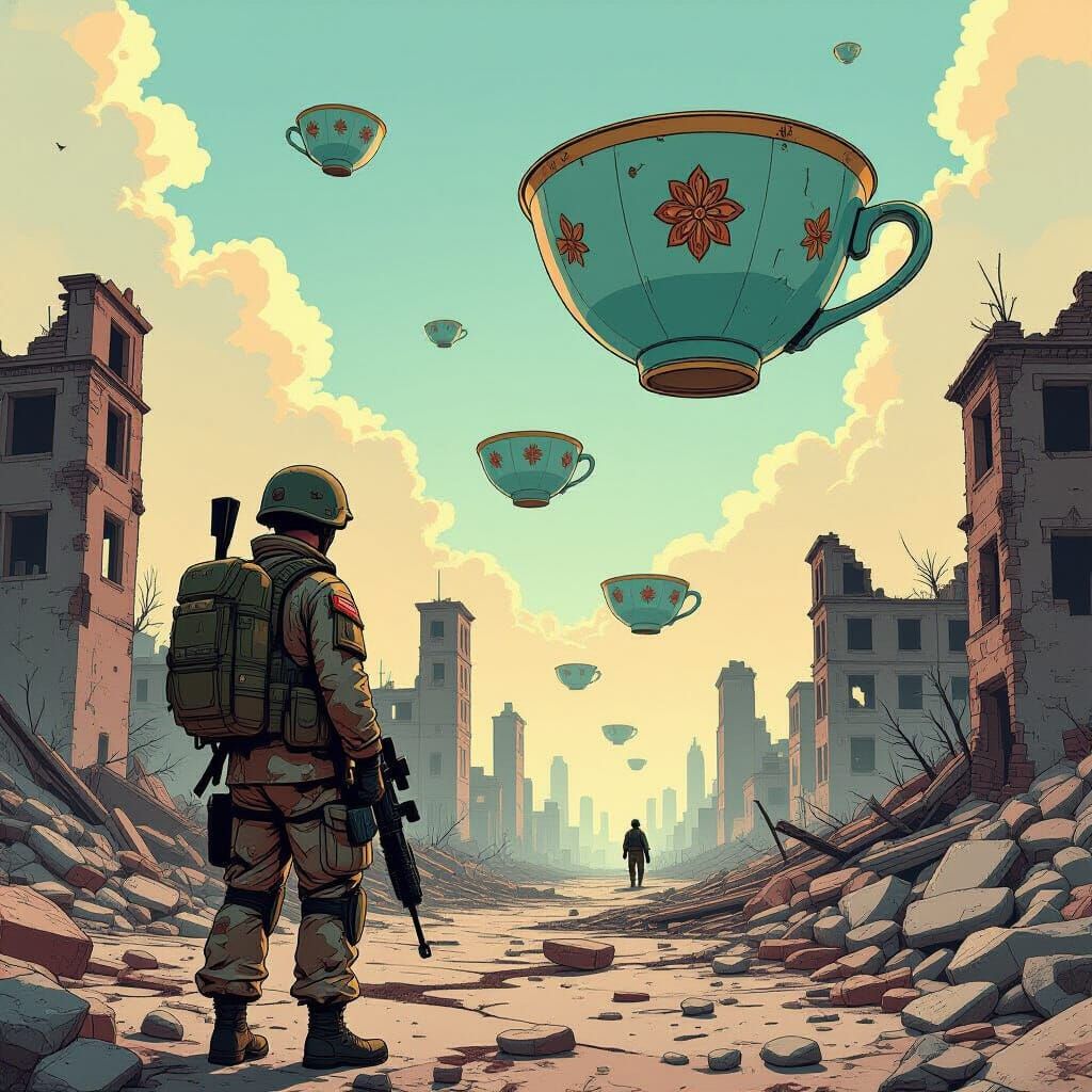 Soldier in Ruined City with Floating Teacups