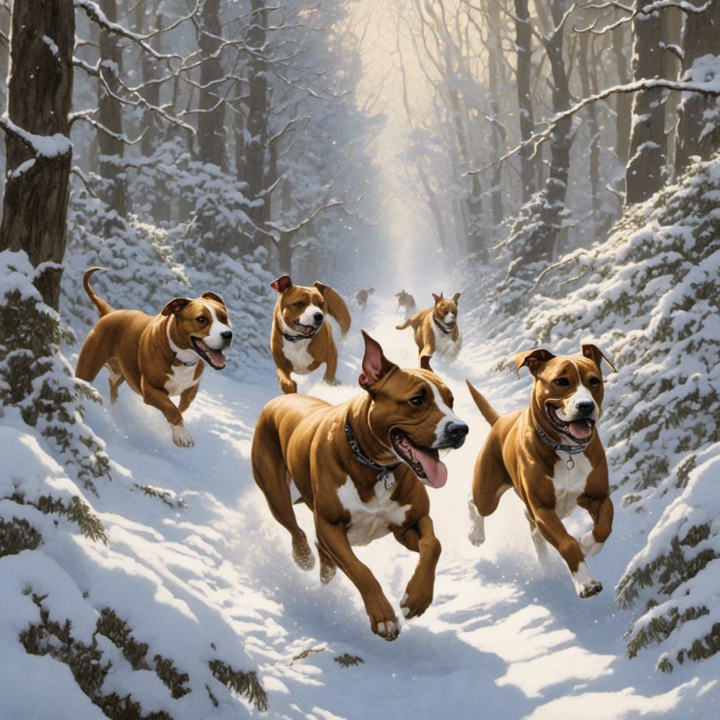 American Staffordshire Terriers Play in Snowy Forest