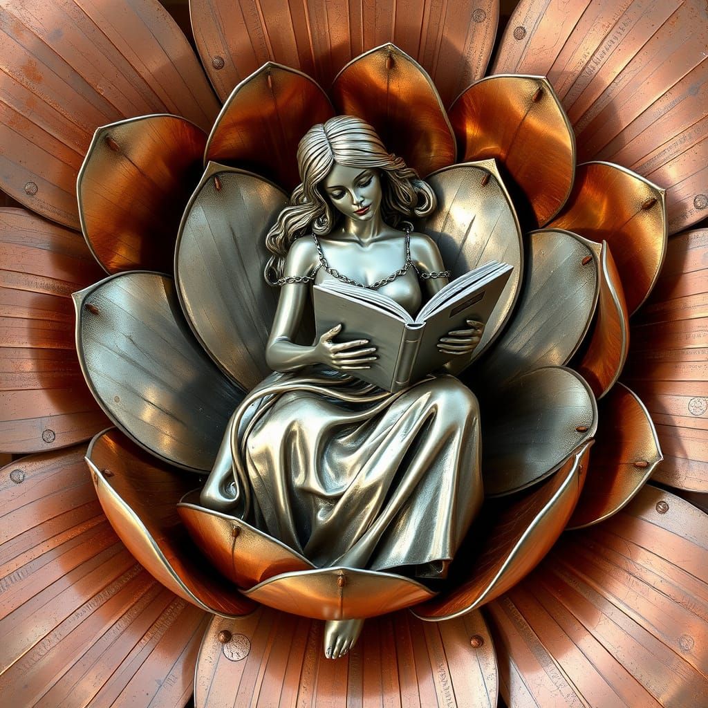 Metal Sculpture: Woman Reading in Giant Flower