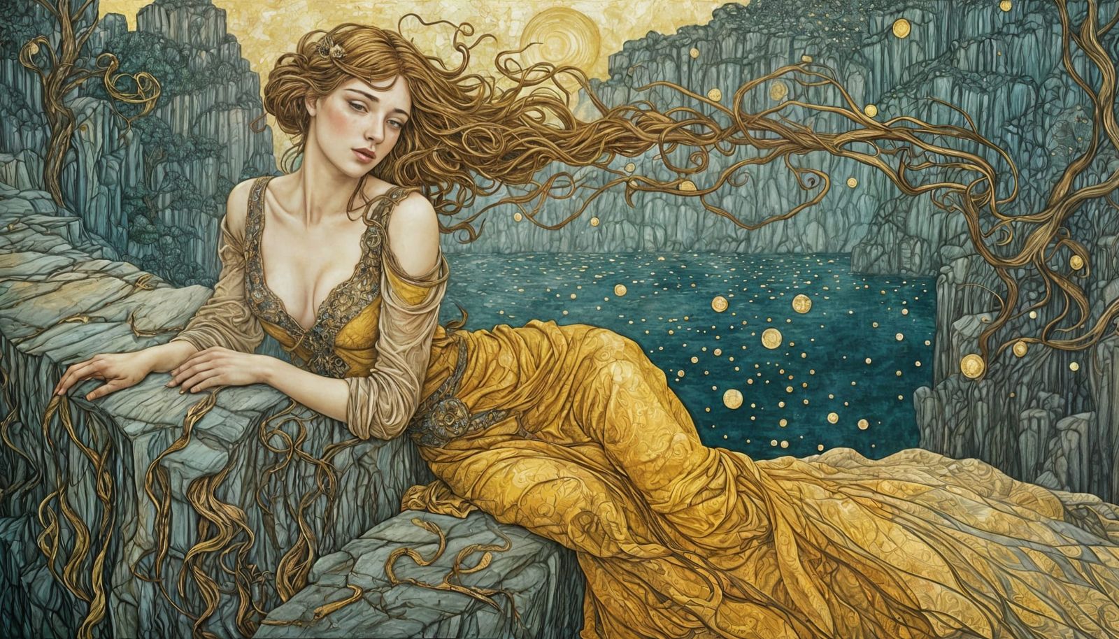 Elegant Fantasy on a Varied Rock Cliff Face in Golden Patina