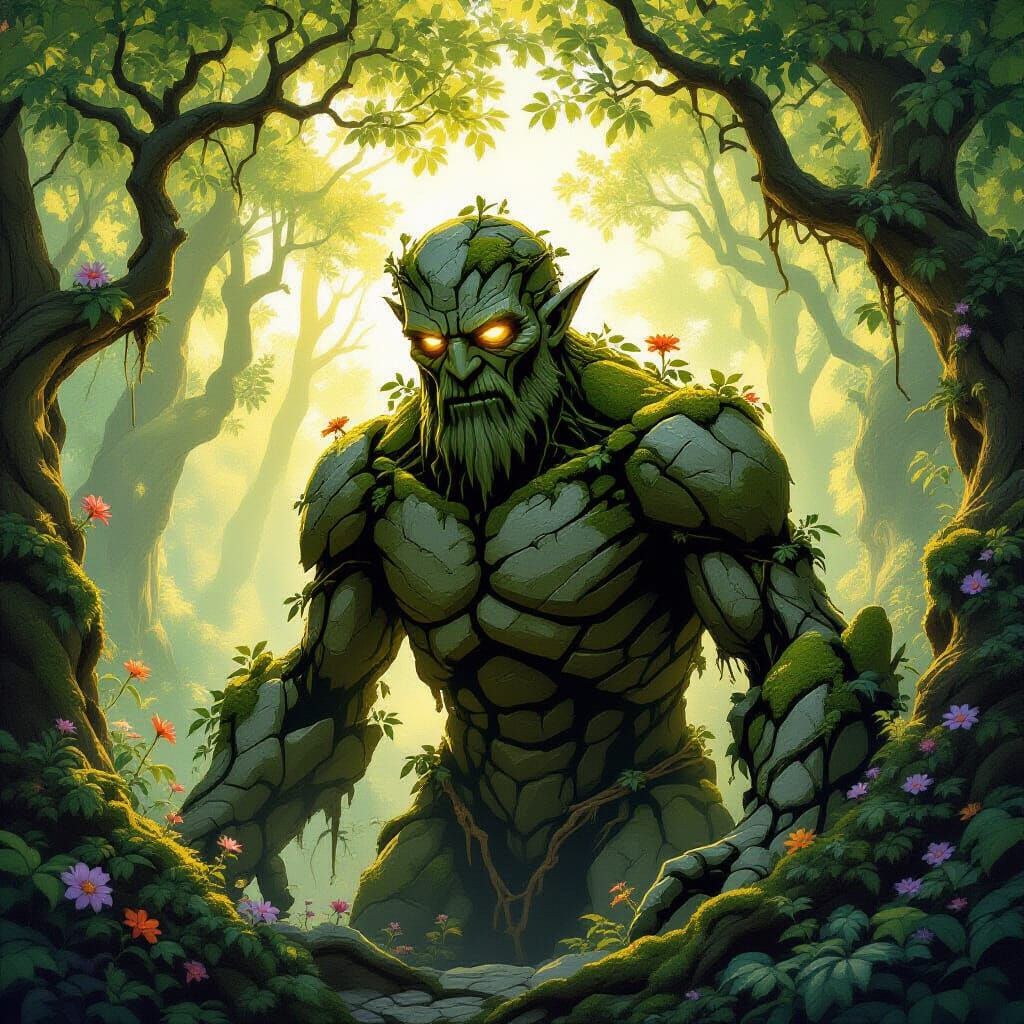 Mossy Golem Awakens in Sunlit Enchanted Forest