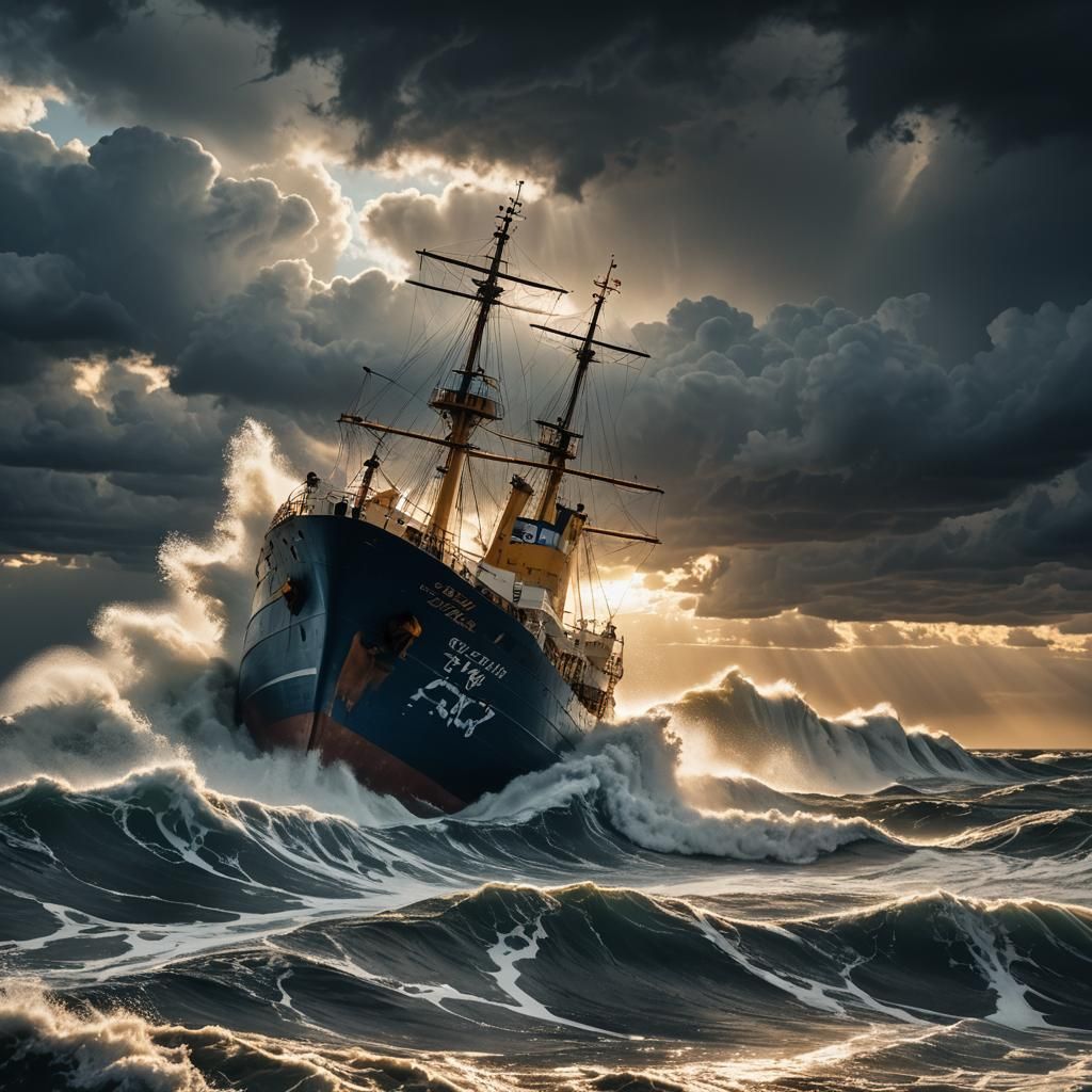 Cargo Ship Rides Stormy Seas in Golden Hour