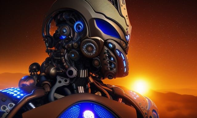 Biomechanical Humanoid Cyborg Contemplating Horizon