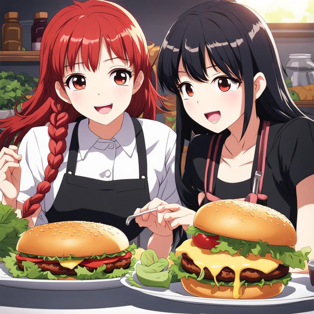 Anime Girls Enjoying Cheeseburgers in Manga Style