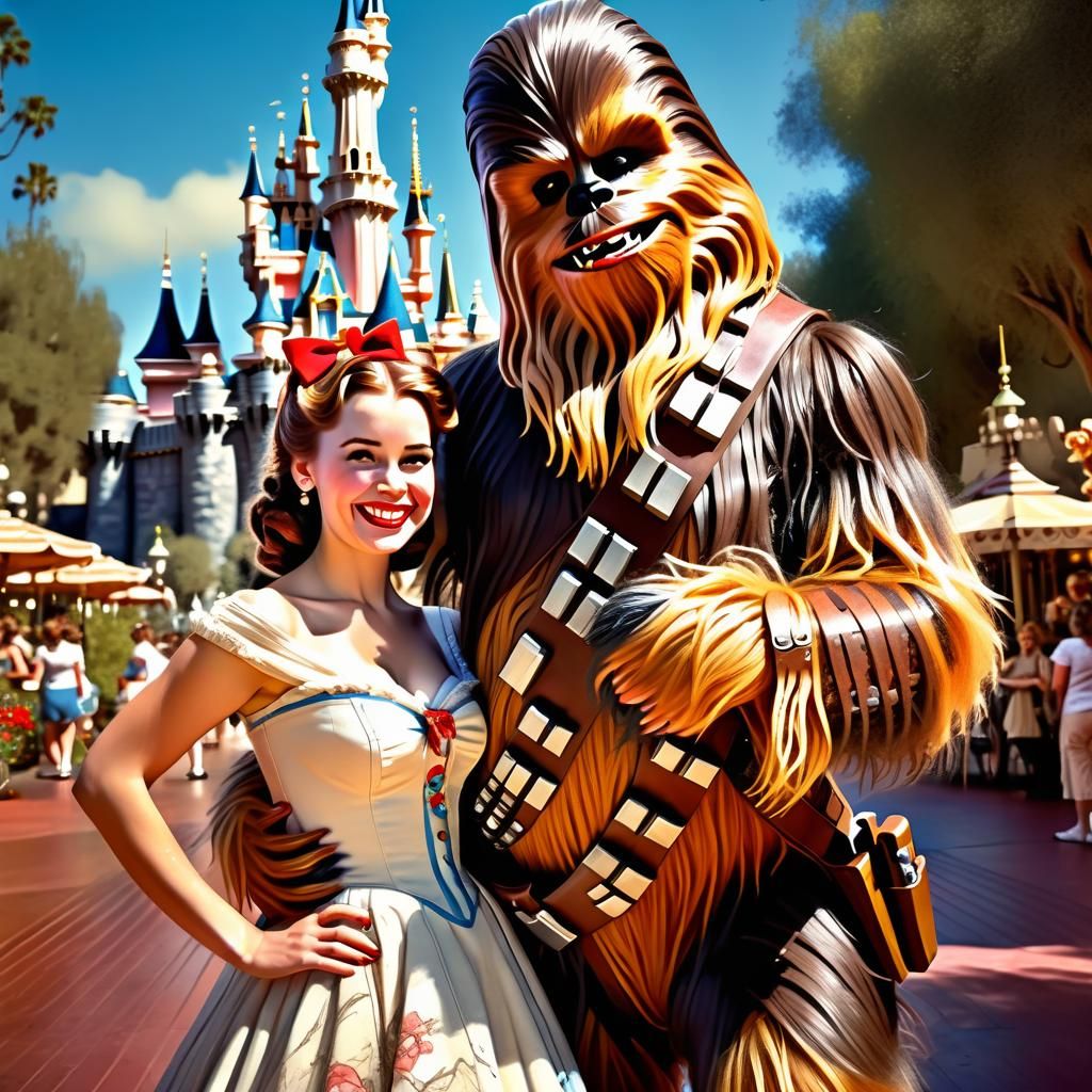 Belle and Chewbacca at Disneyland in Pin-Up Style