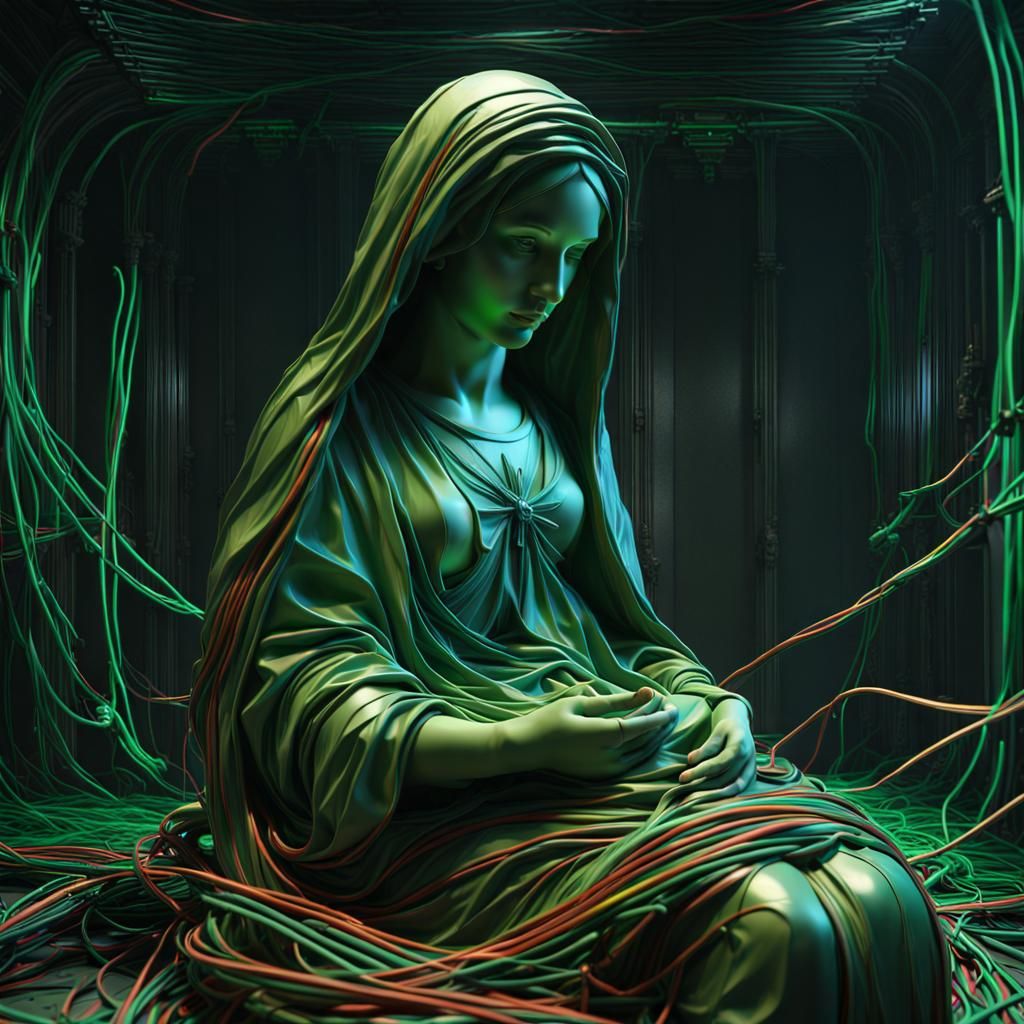 Mother Mary Sculpture of Computer Cables in Caravaggio Style