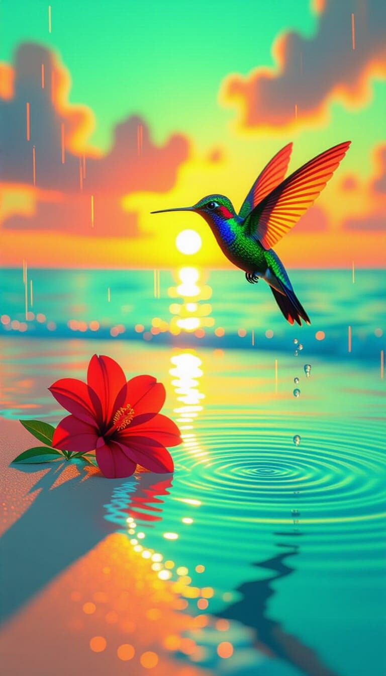 Neon Sunset Beach with Hummingbird, Digital Art