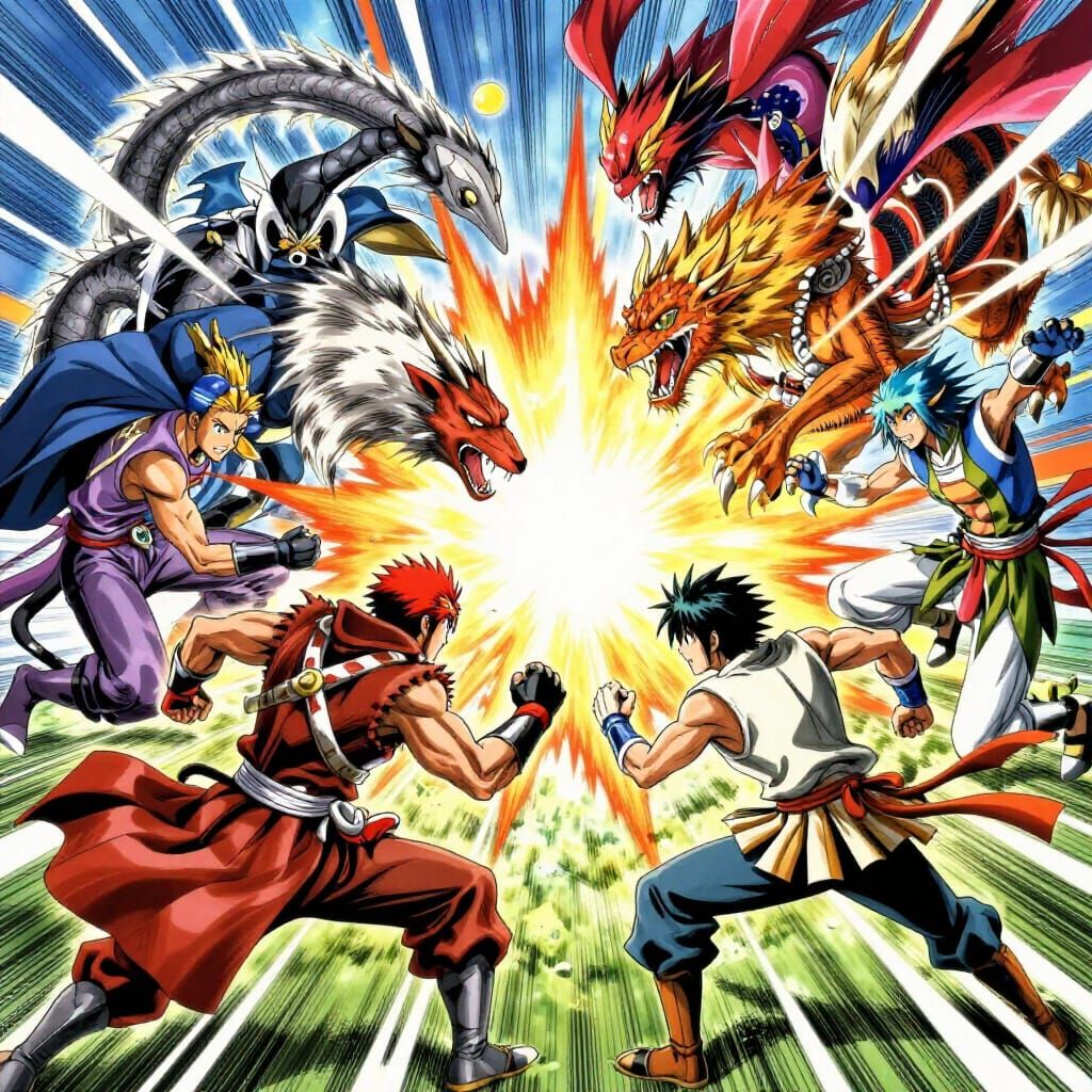Epic Anime Battle of Mythical Creatures in Vibrant Style