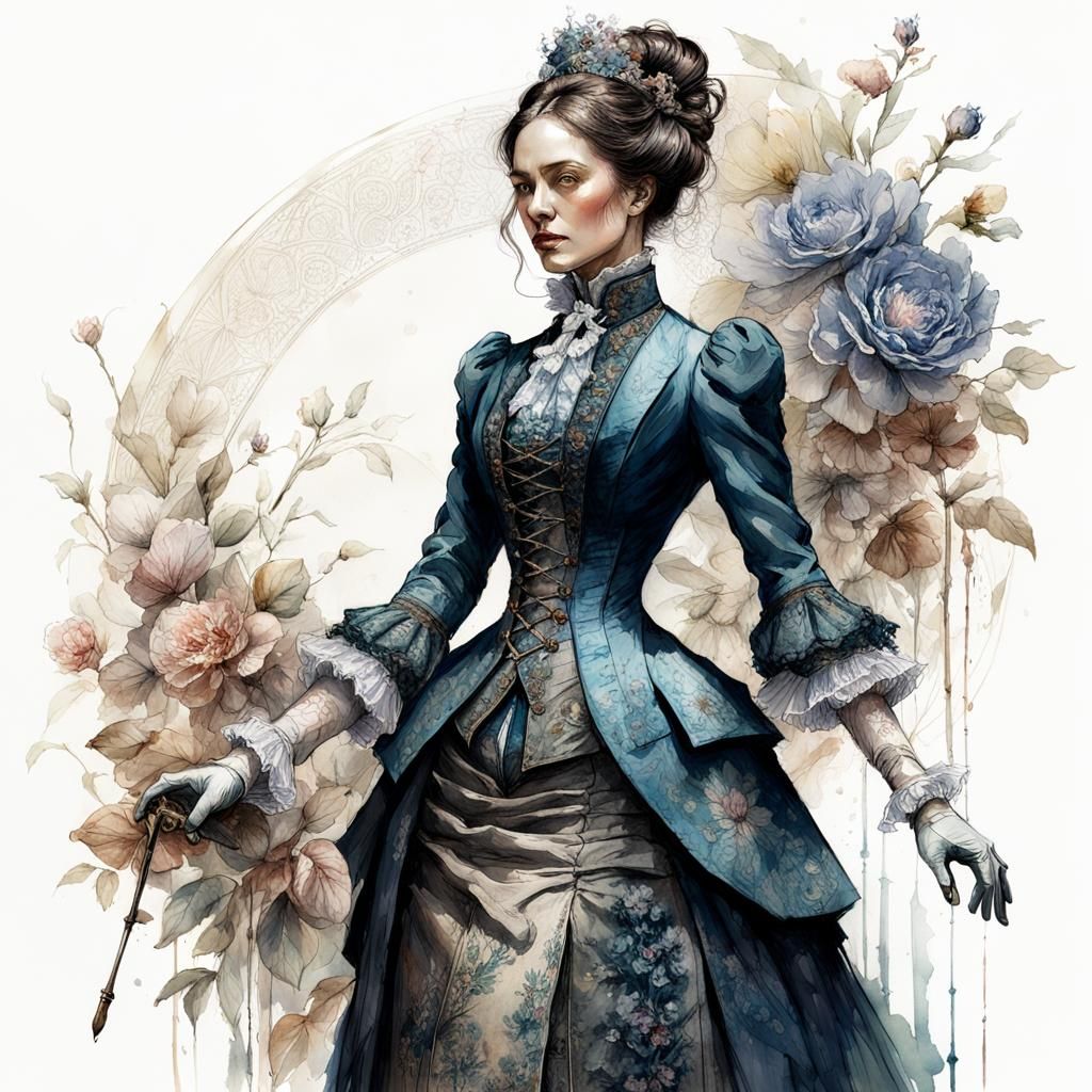 Victorian Woman in Hyperdetailed Clothes: Digital Illustrati...