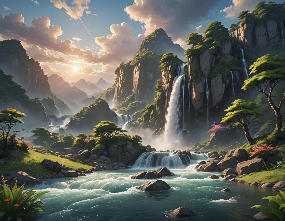 Fantasy Sunset: Mountain Waterfall River in Anime Style