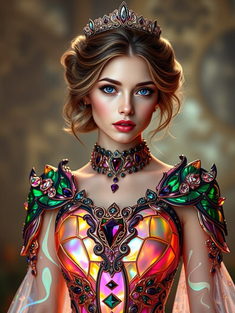 Fantasy Queen in Iridescent Glass Dress with Crystal Accents