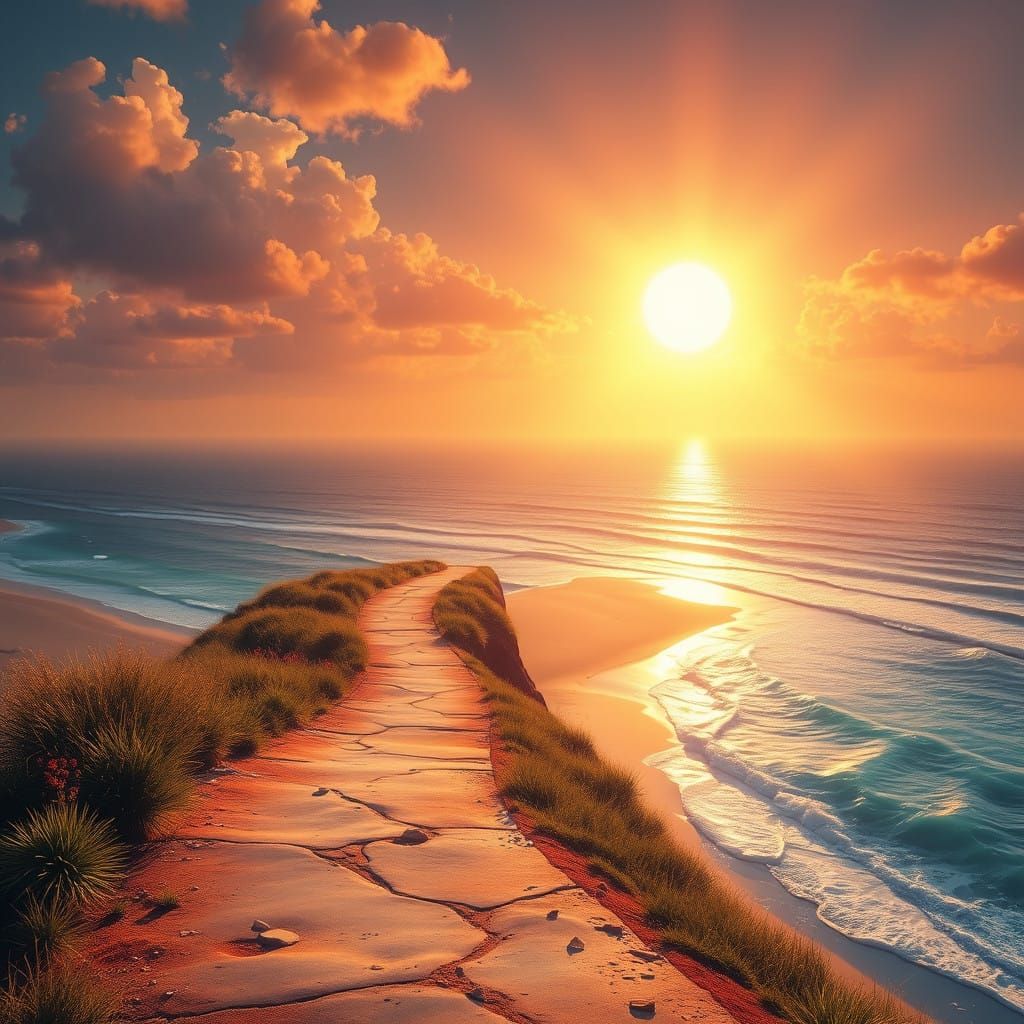 Sunlit Coastal Pathway in Vibrant Beachscape