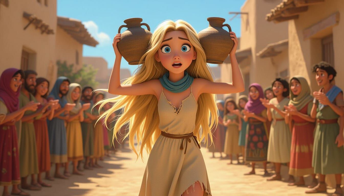 Woman Balancing Water Jars in 3D Disney Pixar Style