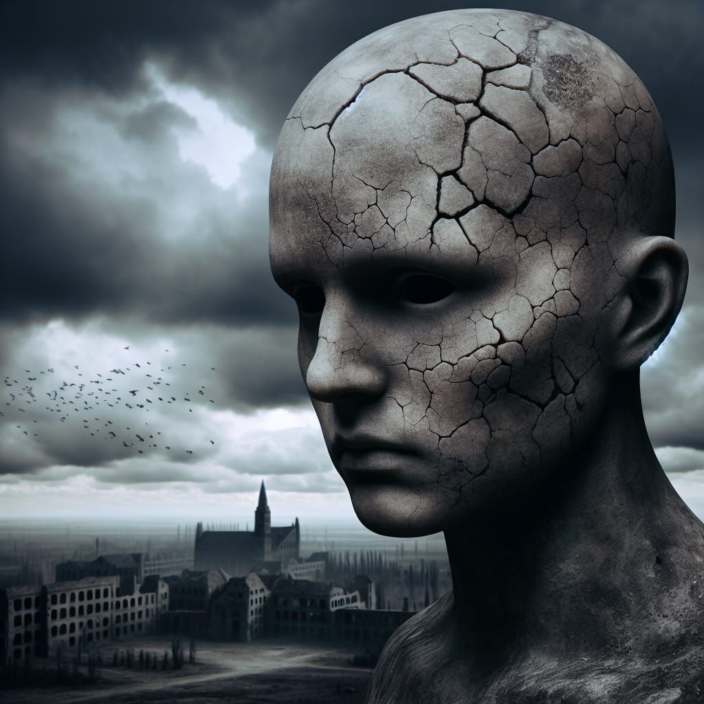 Eerie Bald Figure in Gothic Cityscape Digital Art