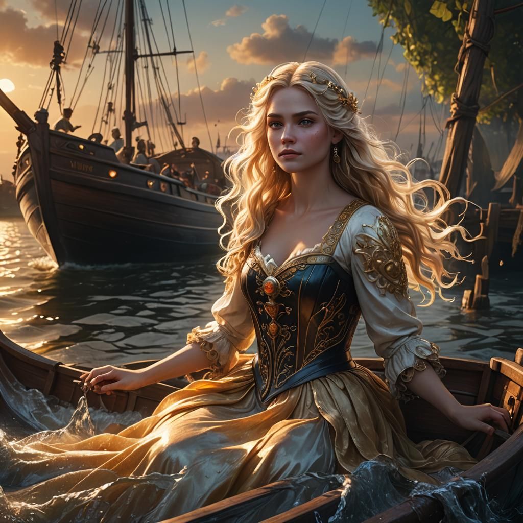 Blonde Fairy Woman in Boat at Sunset