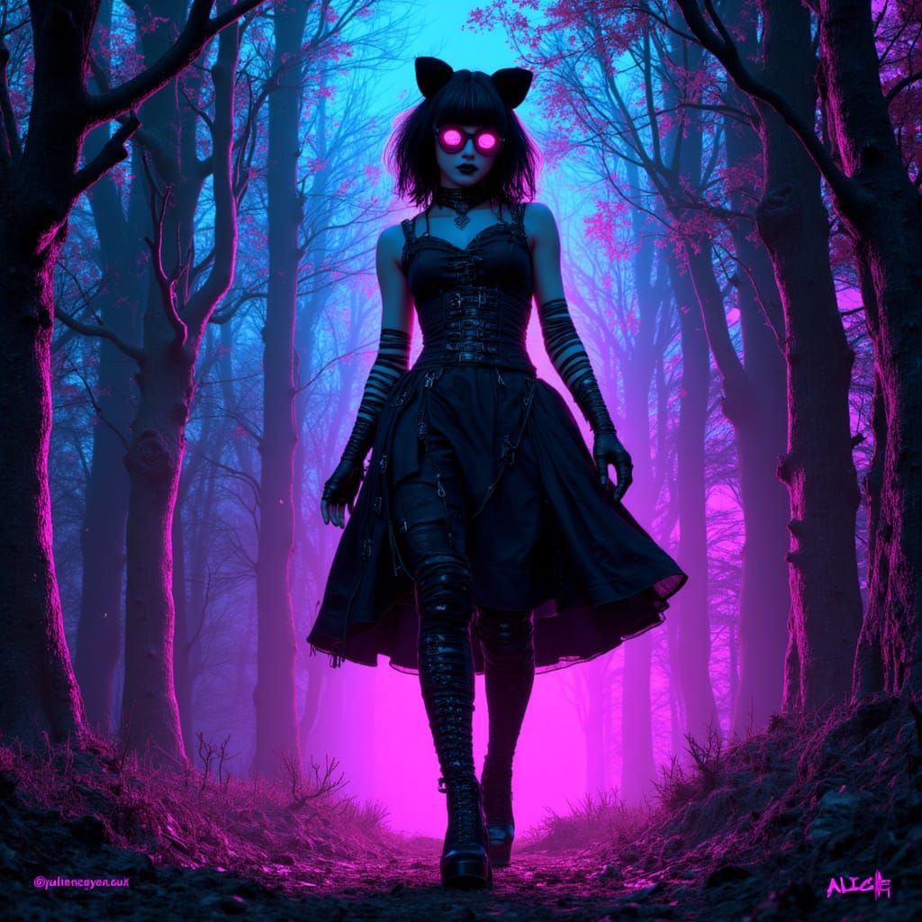 Cyberpunk Alice Hacker in Digital Forest Poster
