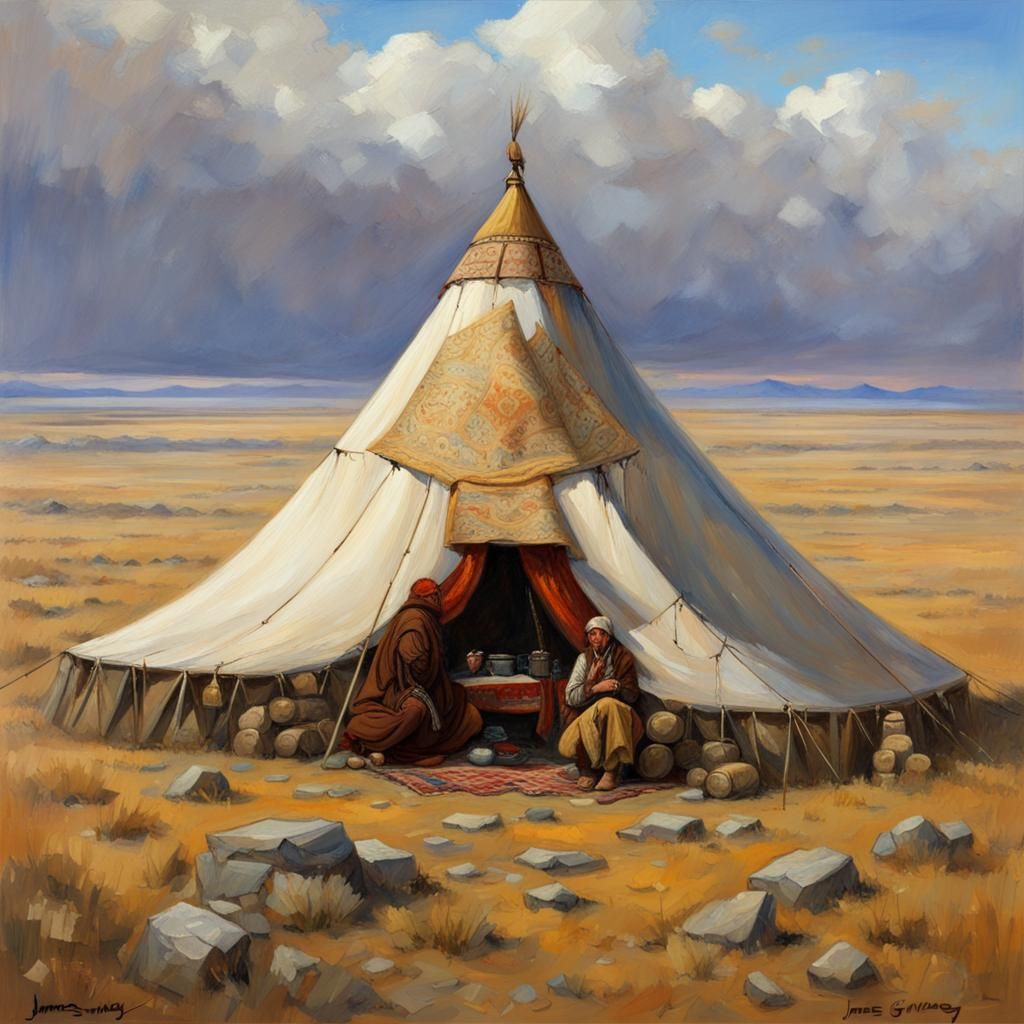 Nomad Tent in Mongolian Steppes, Oil Painting