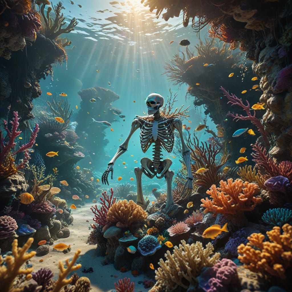 Ethereal Skeleton Monstrosity in Coral Reef: Photorealistic