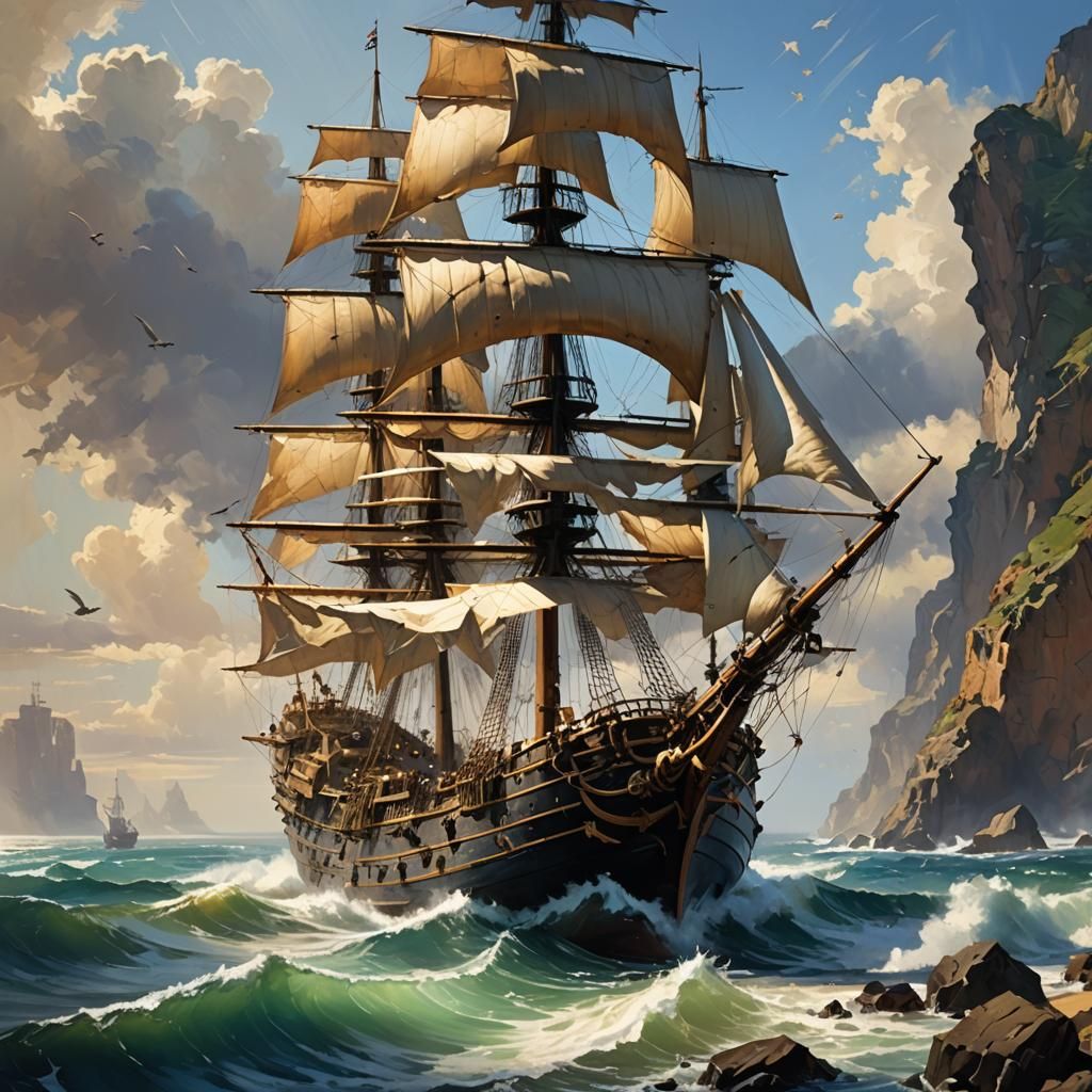 Pirate Ship Seascape in Romantic Realism Style