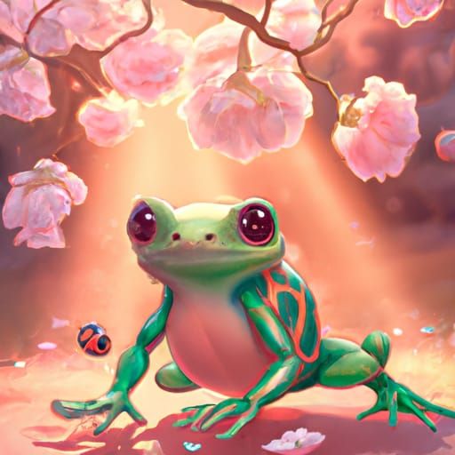 Chibi Frog Under Sakura Tree: Digital Art