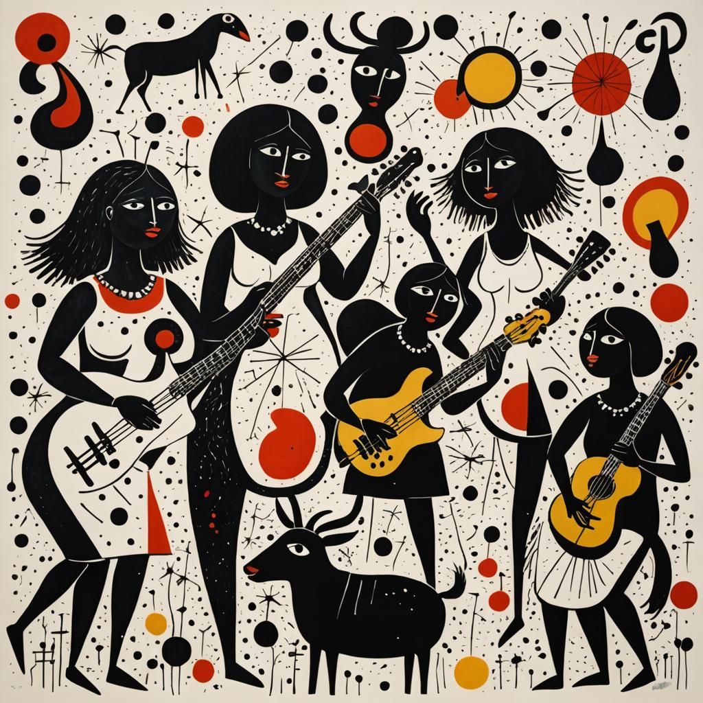 Abstract Nymphs Playing Stratocasters, Water Ink Art