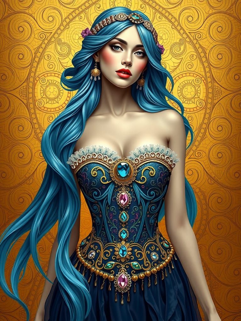 Art Nouveau Goddess with Blue Hair in Klimt Style