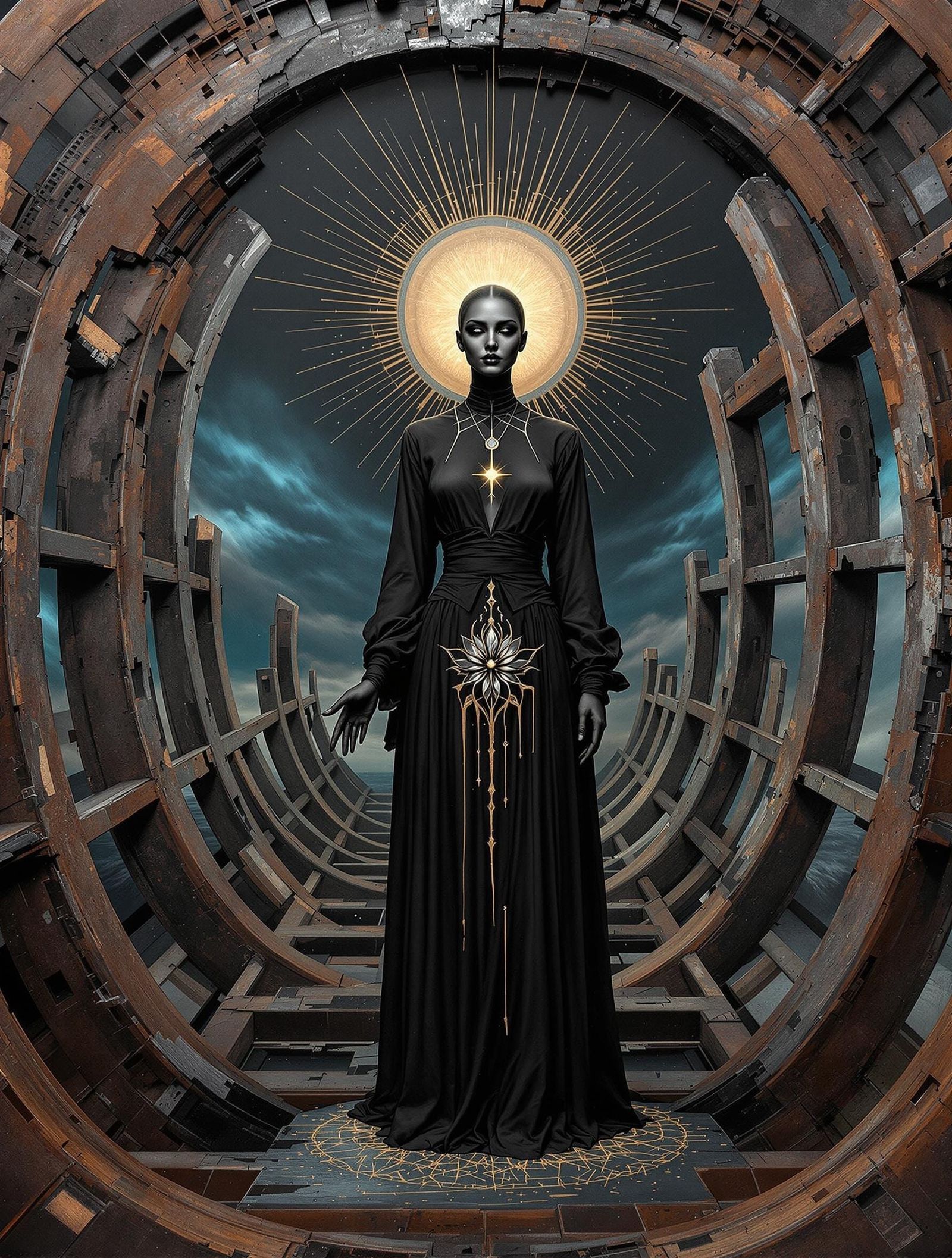 Androgynous Figure in Decaying Tanker with Violet Energy