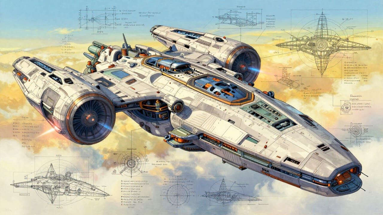 Colossal Sci-Fi Spaceship Blueprint with Warp Engines