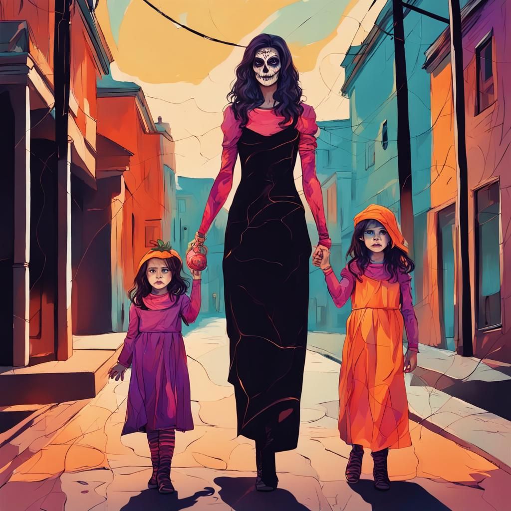 Trans Woman and Daughters in Abstract Halloween Art