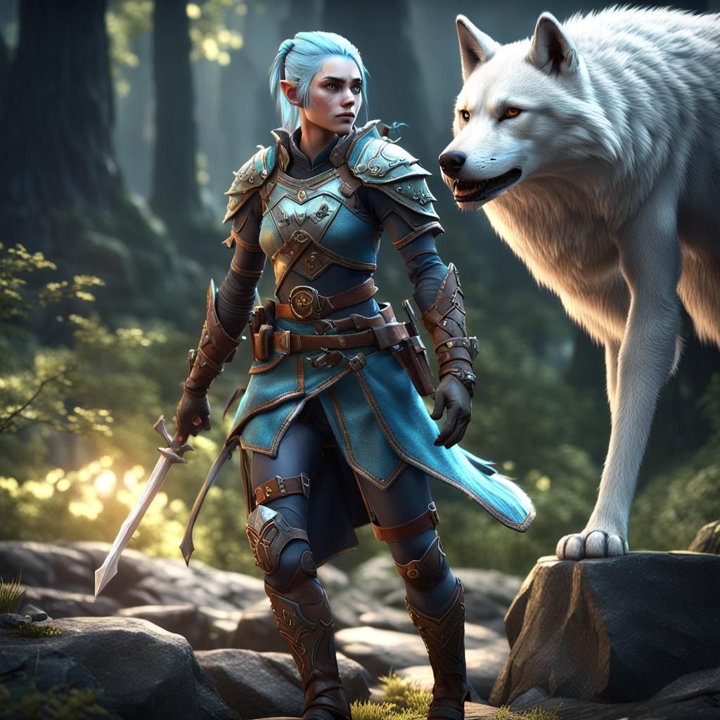 Elf Ranger and Wolf in 3D Game Style