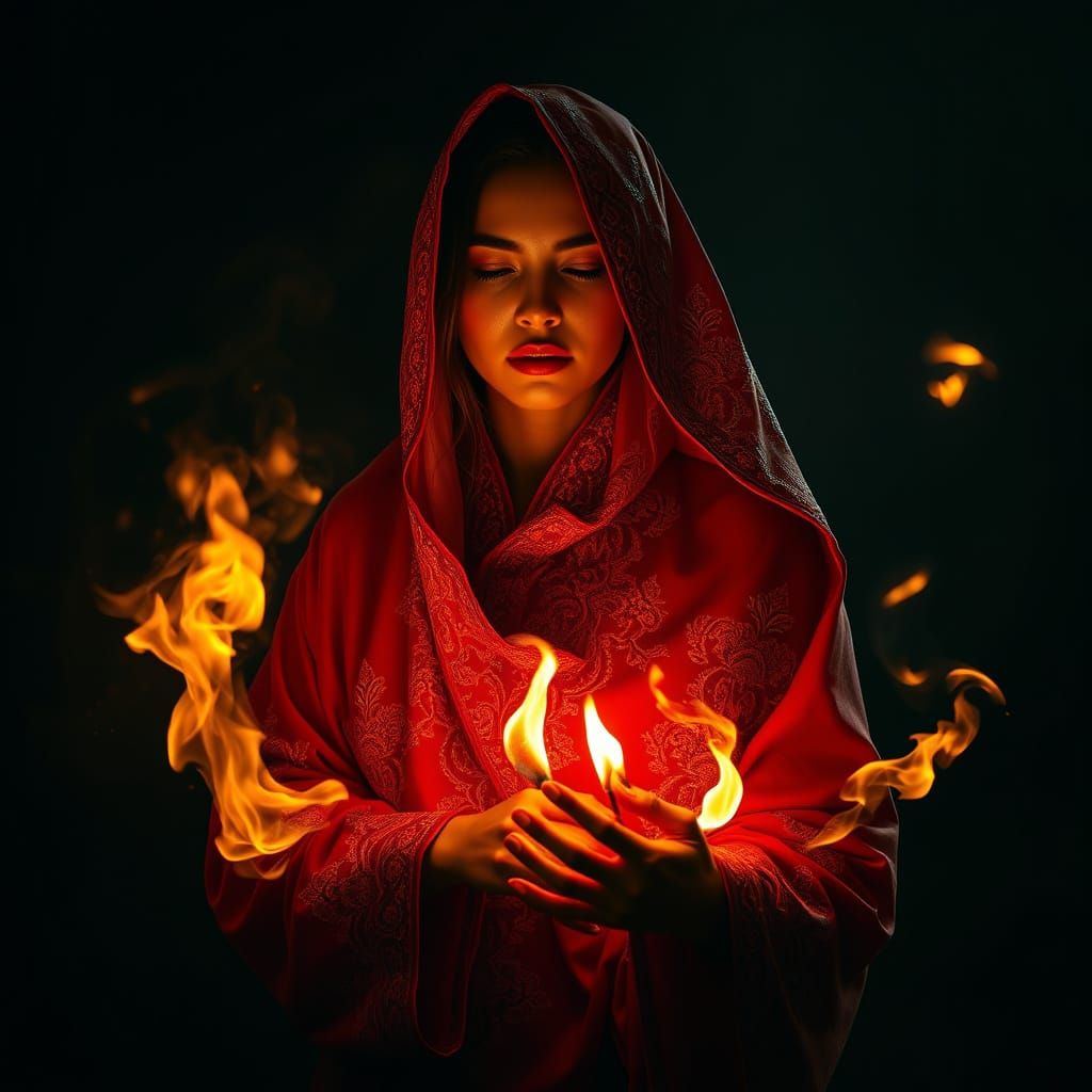 Woman in Red Amidst Flames: A Digital Painting