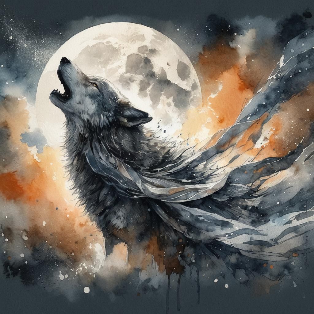 A silver wolf howling under a twilight sky