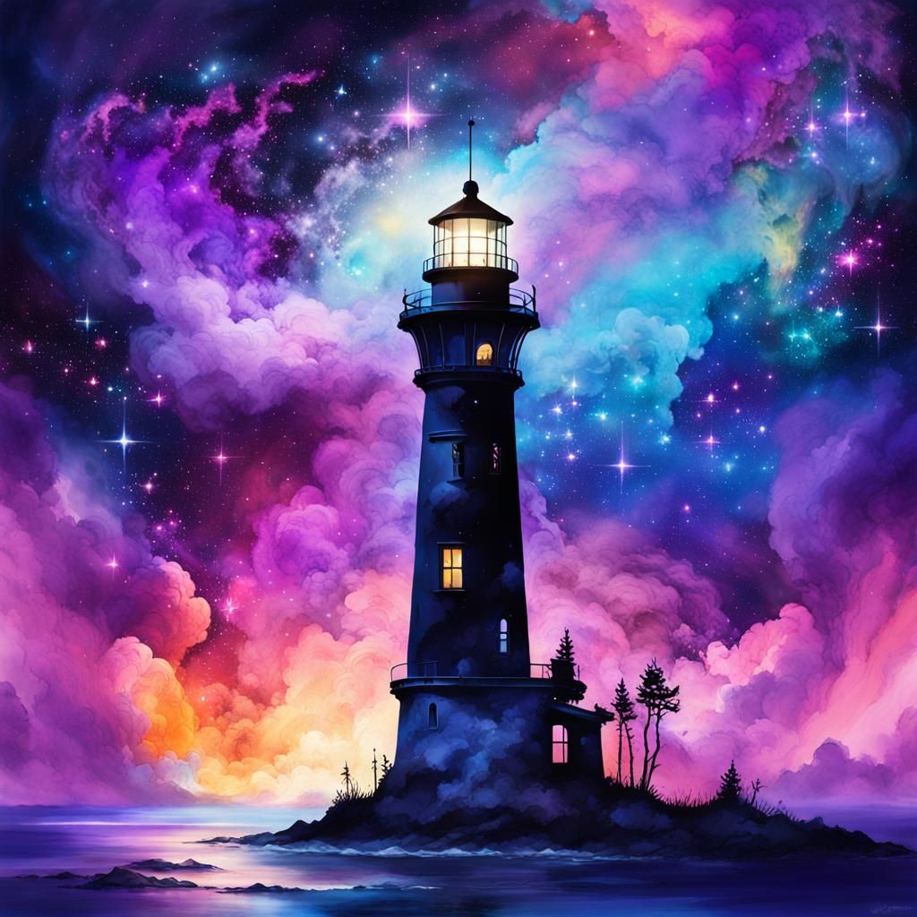 Lighthouse Against Nebula in Digital Fantasy Art