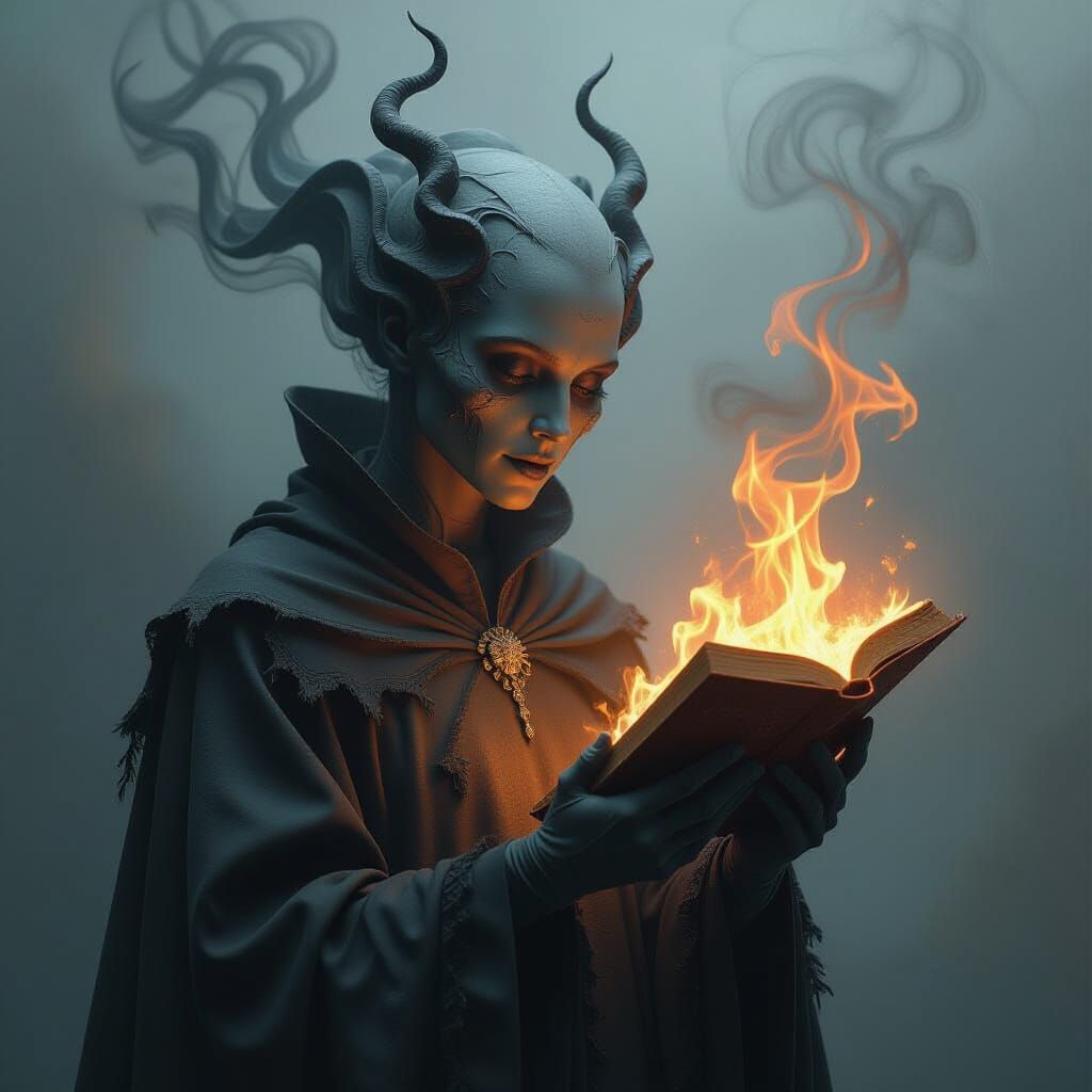 Ethereal Smoke Figure Holds Unburning Flaming Book