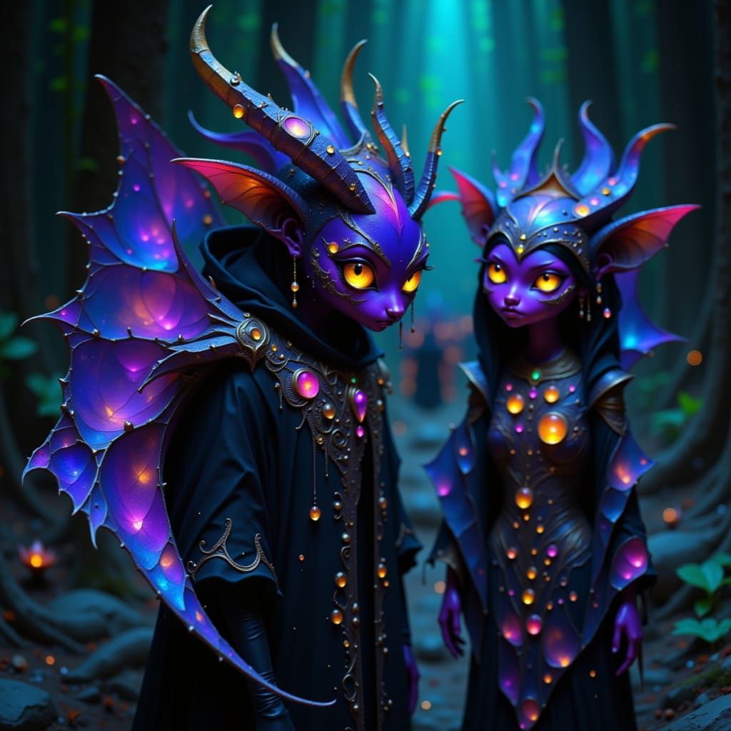 Fantasy Creatures with Iridescent Eyes, Cinematic Digital Ar...