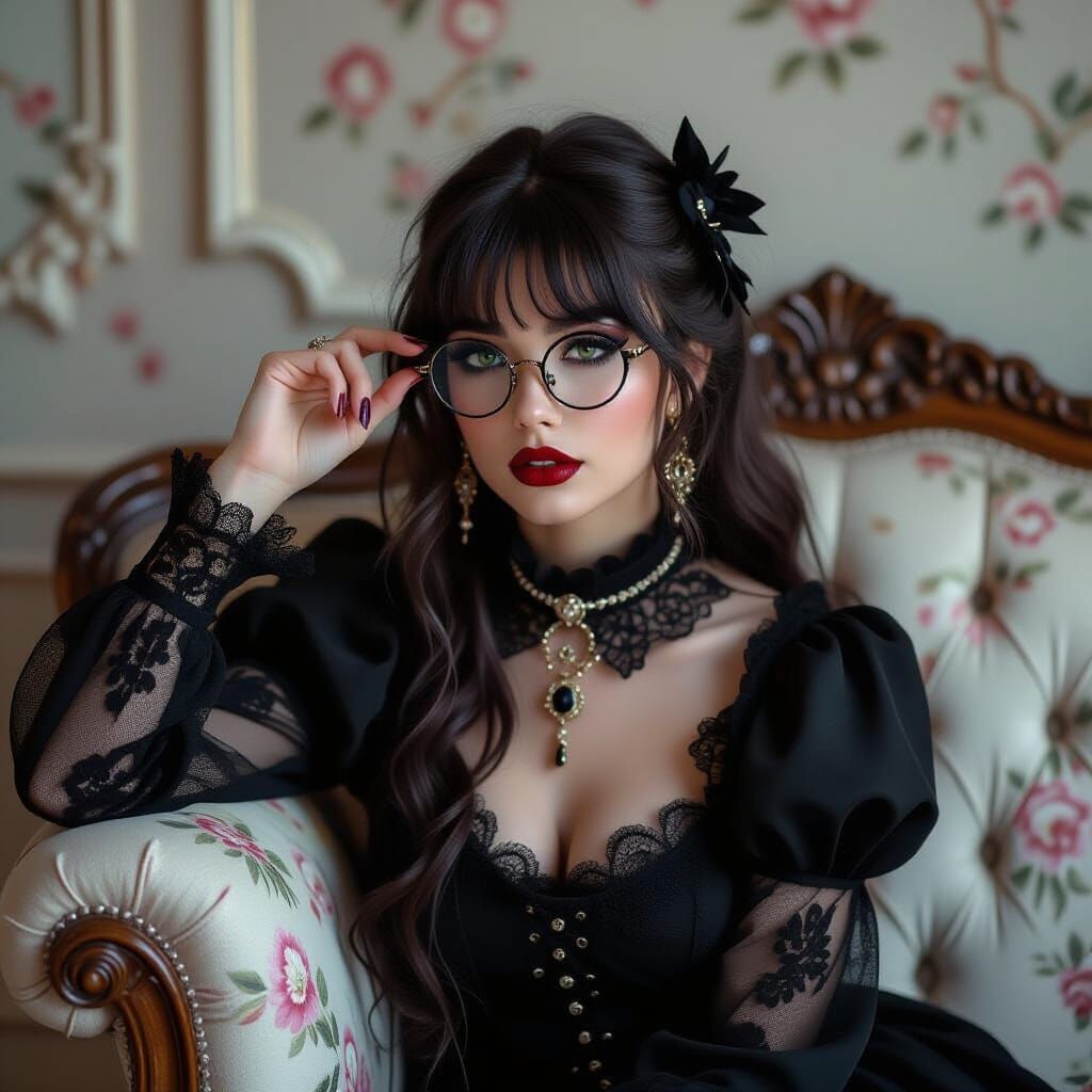 Mysterious Gothic Woman Playfully Poses with Glasses on Roco...