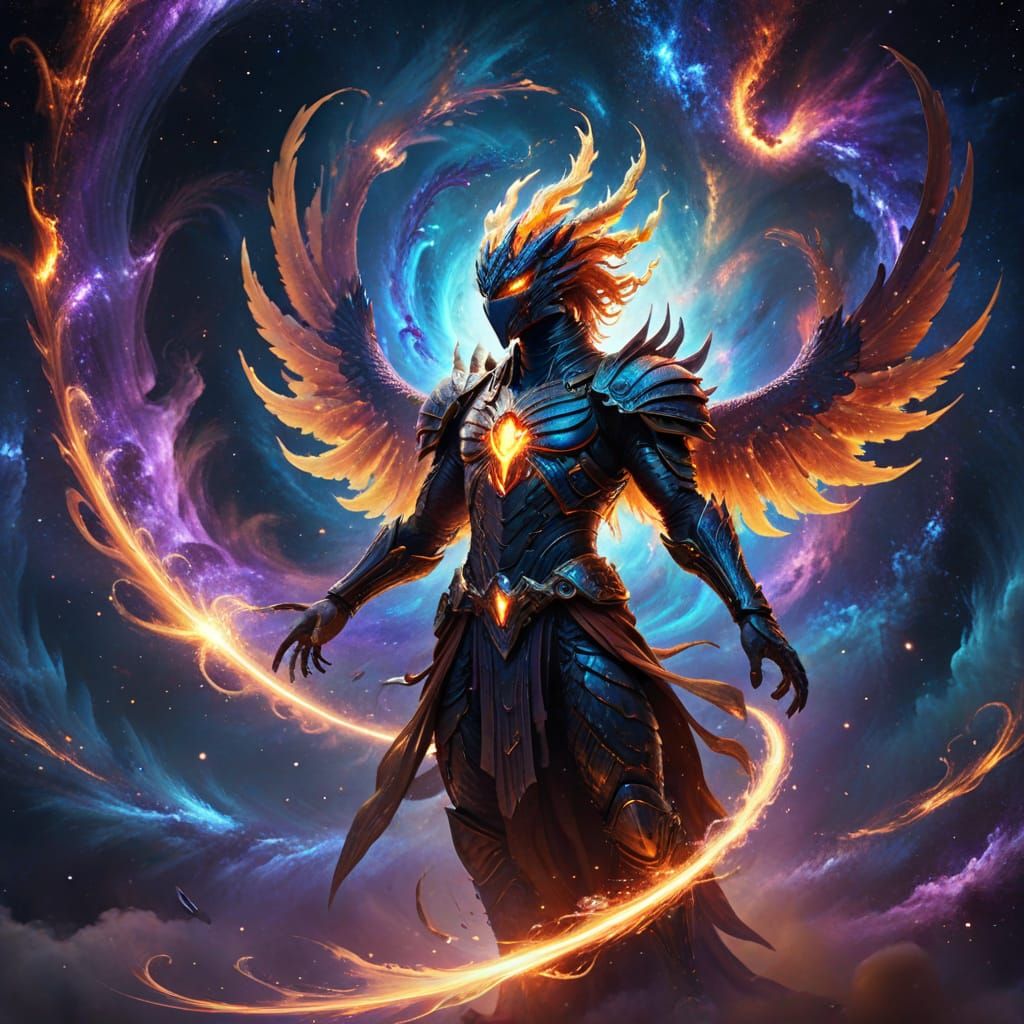 Cosmic Phoenix-Dragon Swordsman Soars Through Nebula