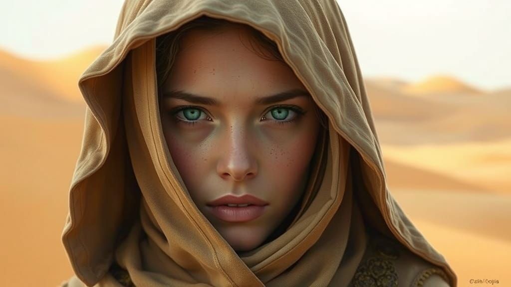 Serene Desert Goddess in a Golden Dune Landscape