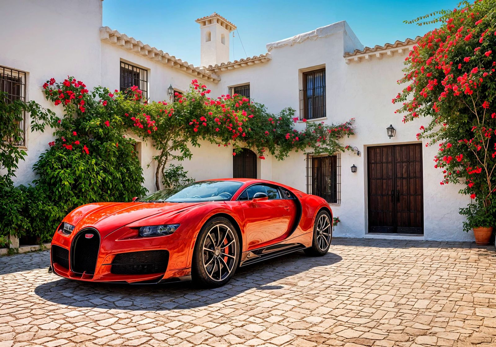 Red Bugatti Bolide Parked in Sunny Spanish Setting