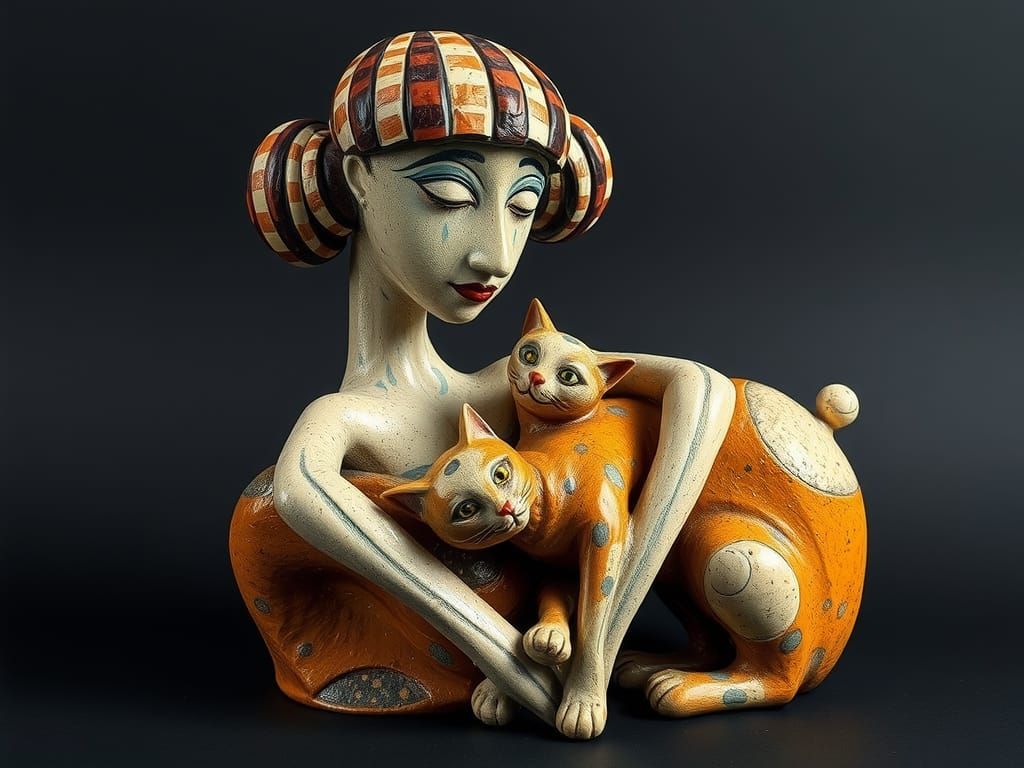 Cubist Ceramic Sculpture of Woman and Cat