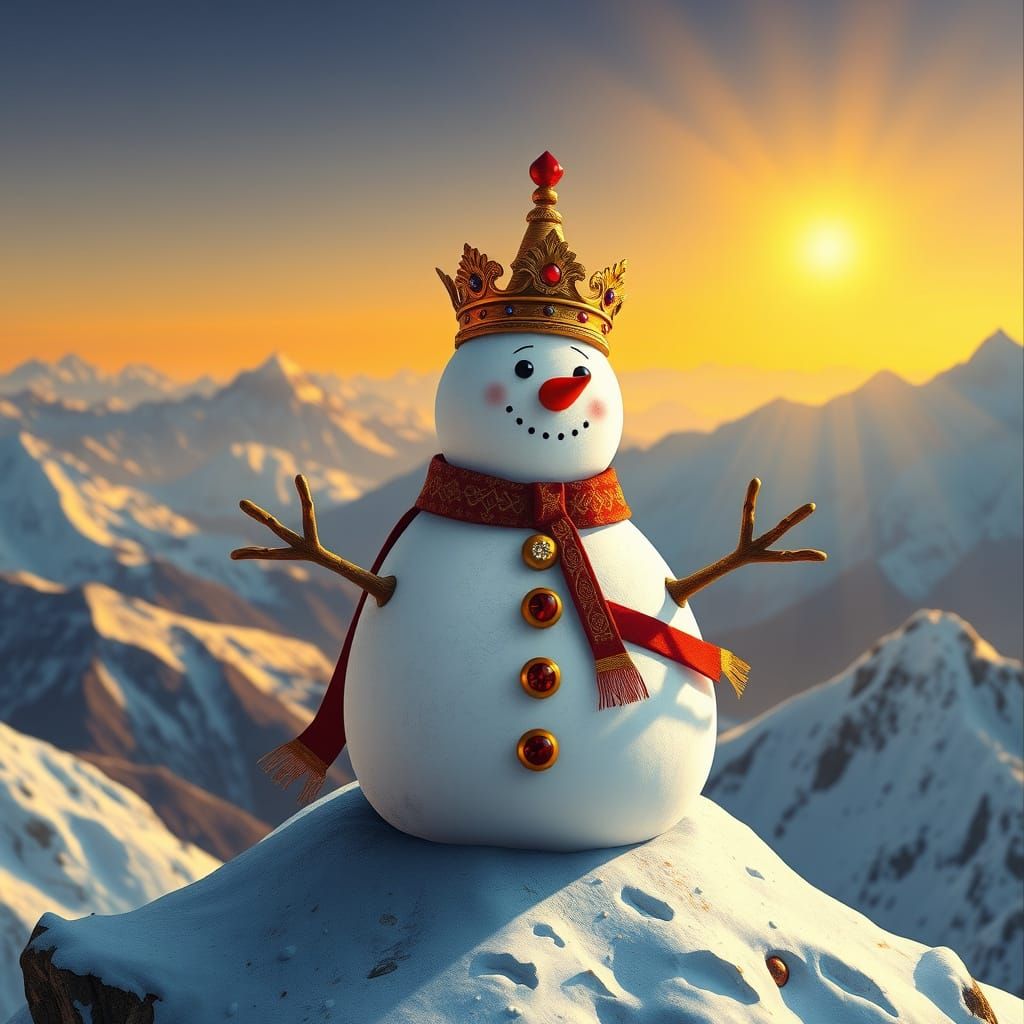 Snowman King on Mountain in Indonesian Folk Art