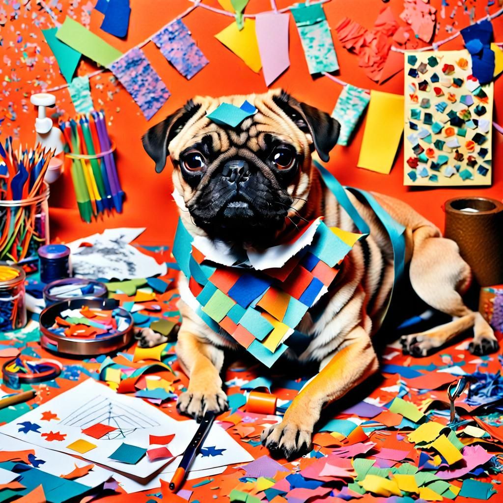 Pug's Colorful Craft Room in Mixed Media Collage