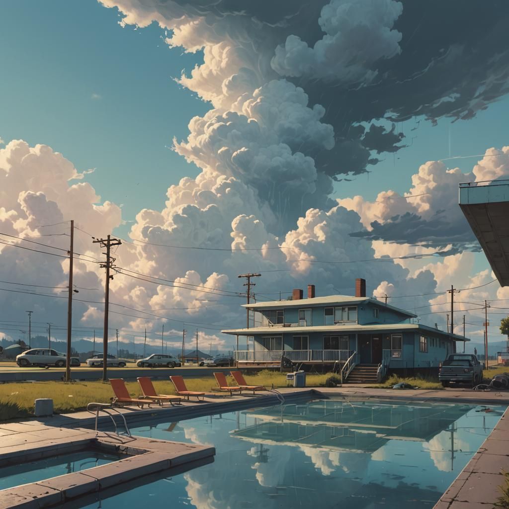Motel Pool Under Clouds: Retro-Futuristic Dystopia