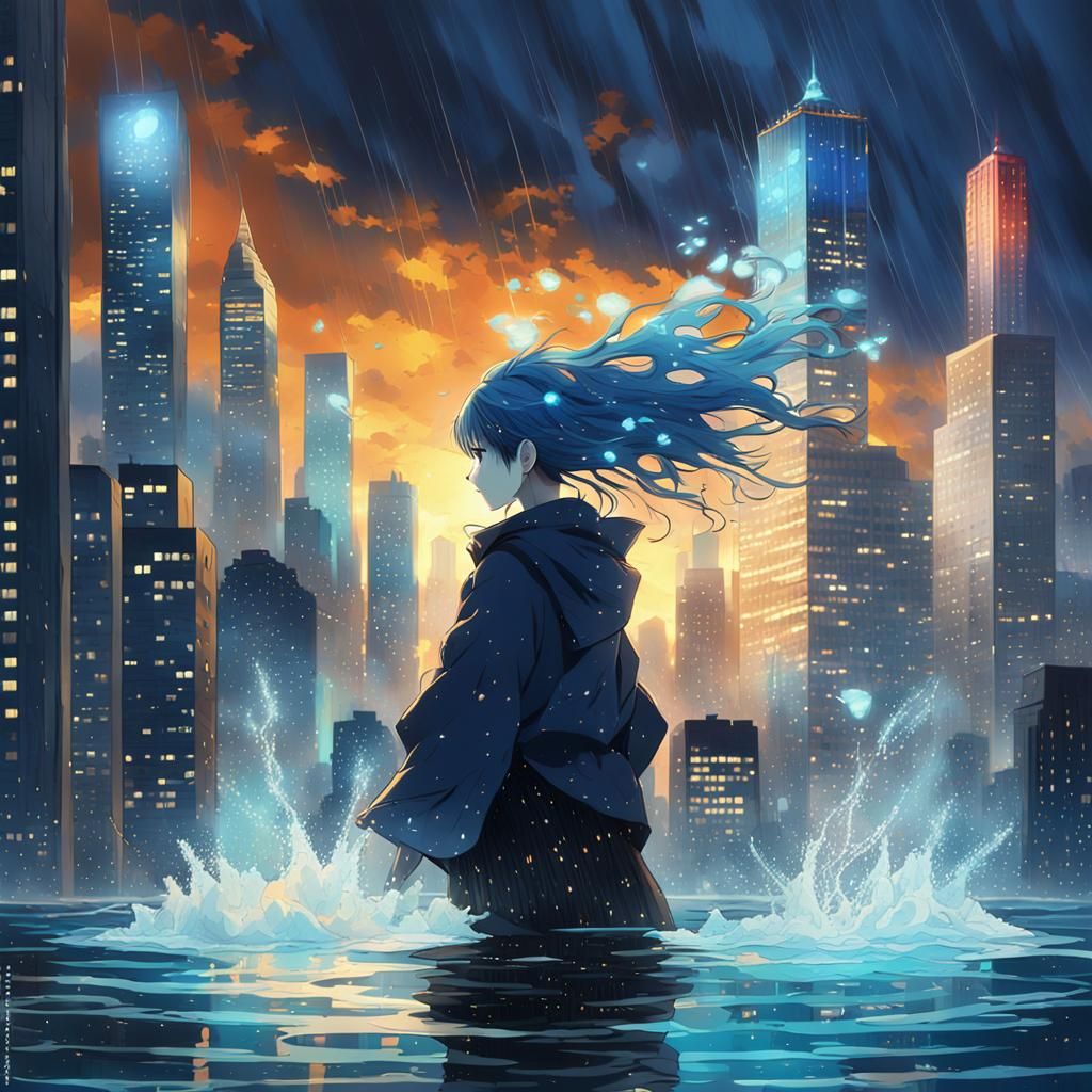 Water Spirit on Skyscraper in Anime Style